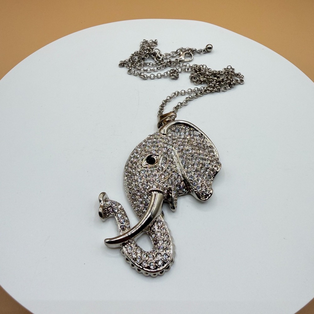 Rhinestone Elephant Pendant Necklace Silver Tone Statement Boho Animal Gift